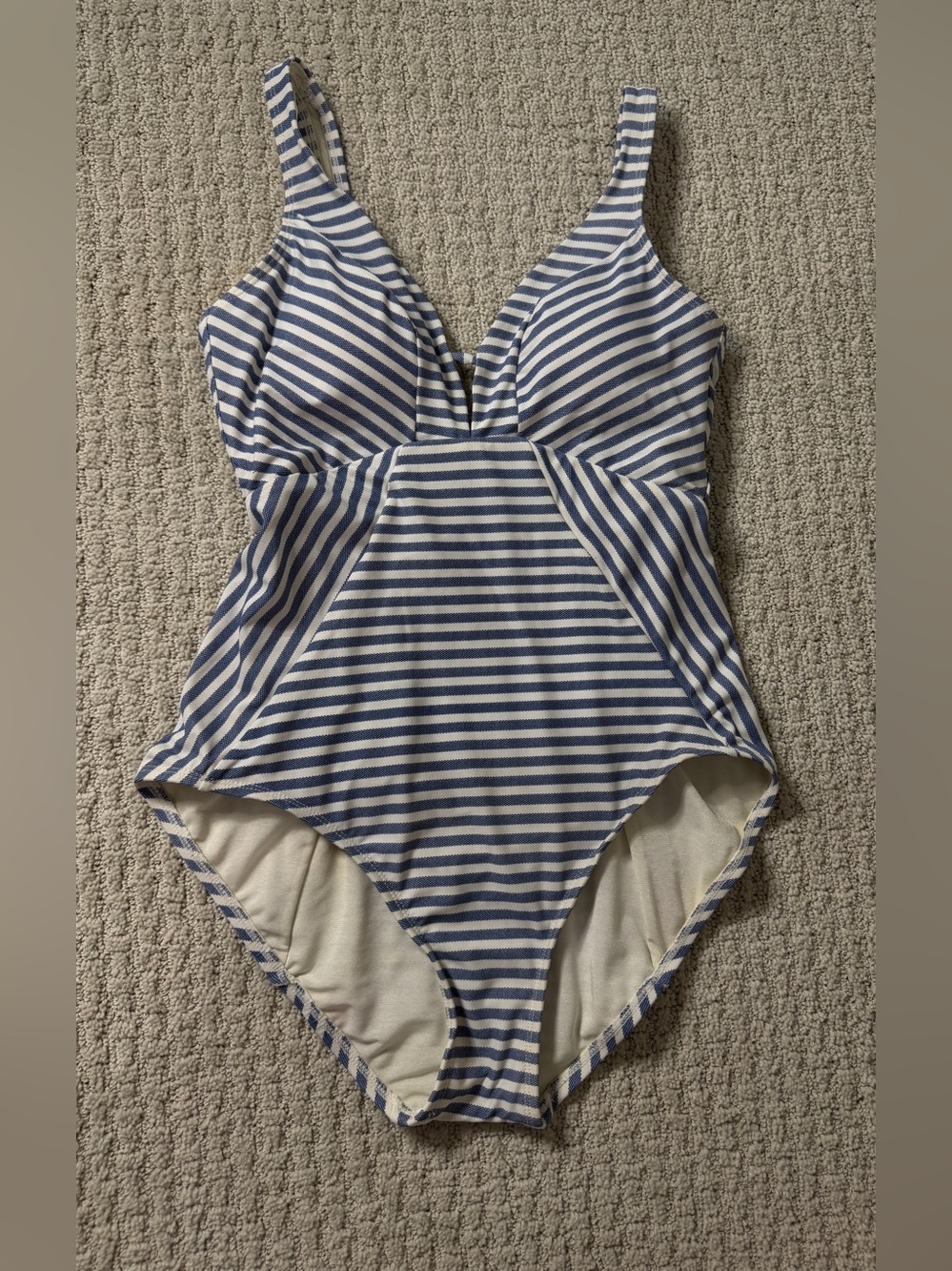 Time and Tru Navy and White Striped V-Neck One-Piece Swimsuit Sz M